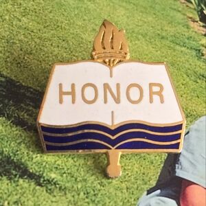 Vintage brooch Honor Enamel Pin with Gold and Blue Accents